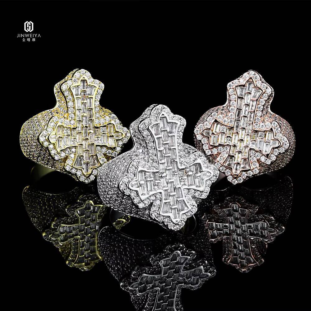 Luxury Heavy Ring Hiphop Rapper Pass Diamond Test 18k Gold Plated Brass VVS Baguette Moissanite Iced Out Cross Ring