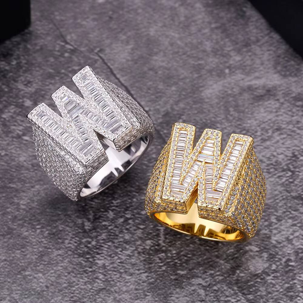 925 Sterling Silver Gold Plated Vvs Moissanite CZ Diamond Ring Iced Out Baguette Cut Hip Hop Ring Men Women