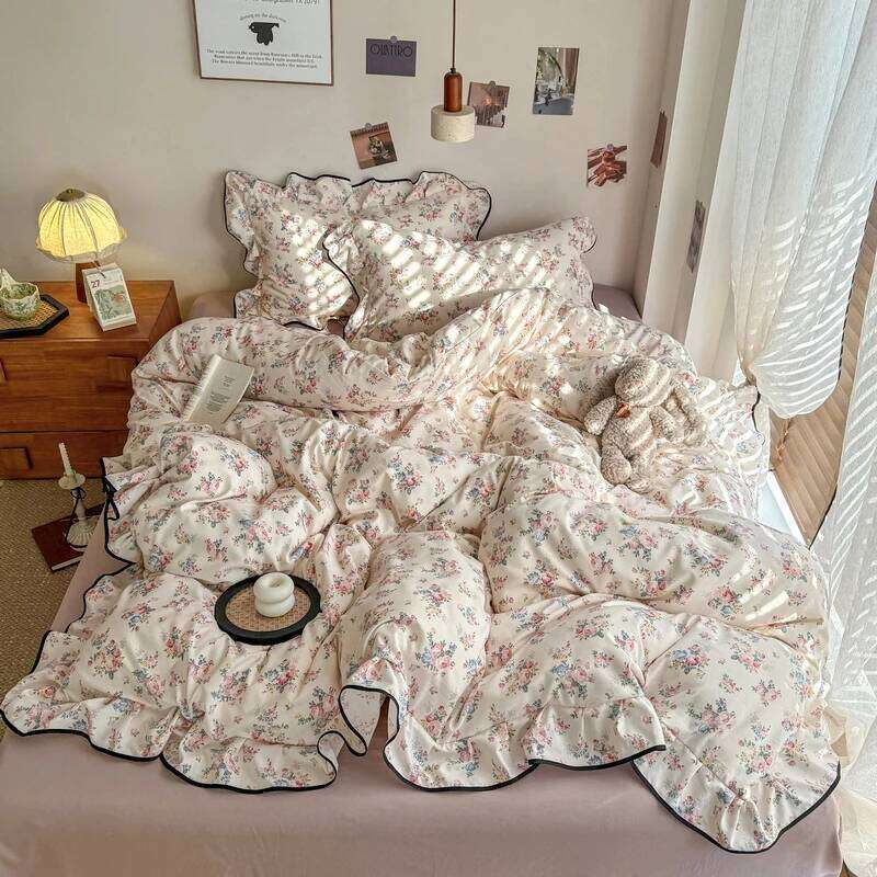 Korean Style Floral Ruffles Knitted Yarn Bedding Set Double King Queen Size Duvet Cover Flat/Fitted Bed Sheet Pillowcases Y260124