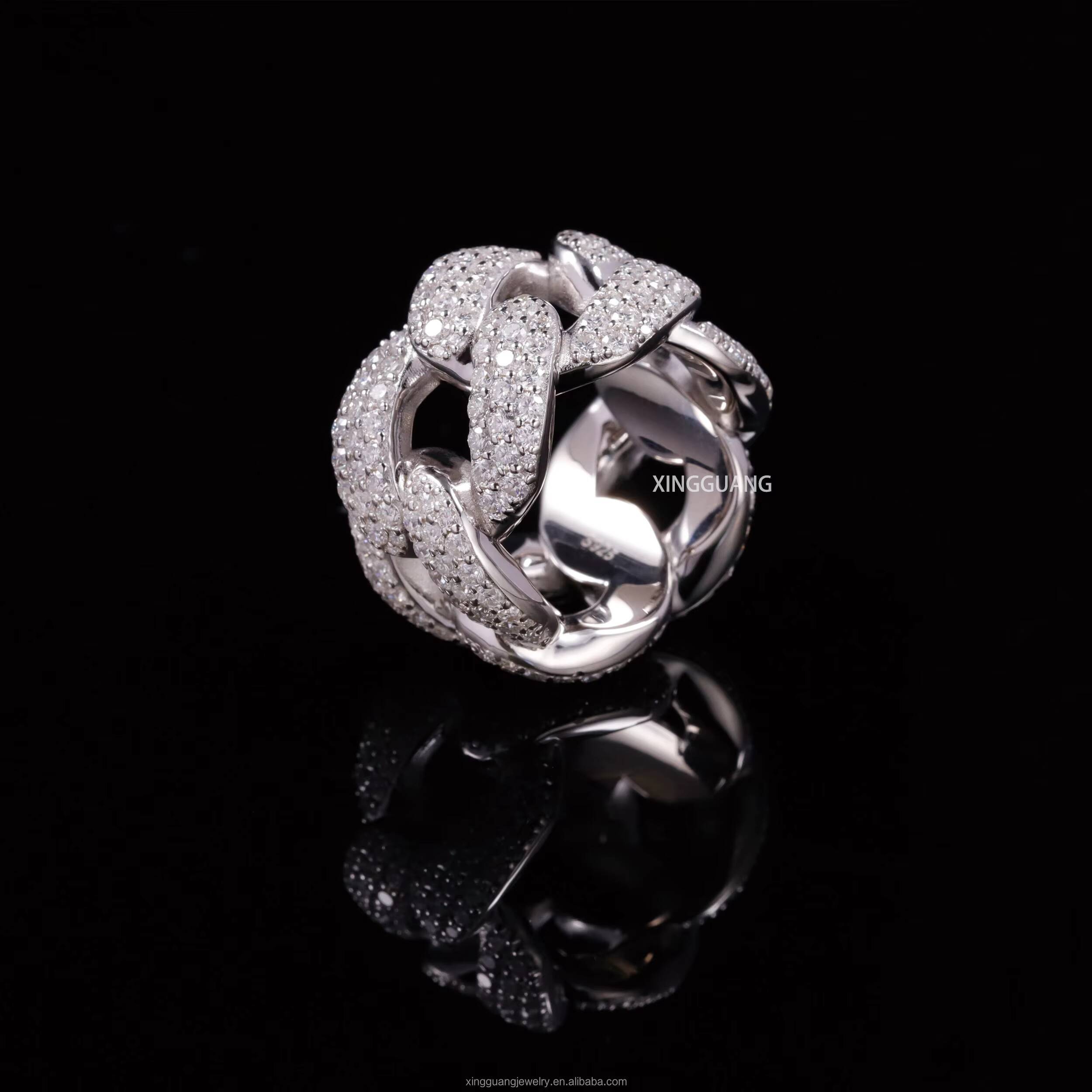 Hot Sale 3Rows Iced Out VVS Moissanite Diamonds White Gold Plated Cuban Link 925 Sterling Silver Cuban Rings Hip Hop Jewelry