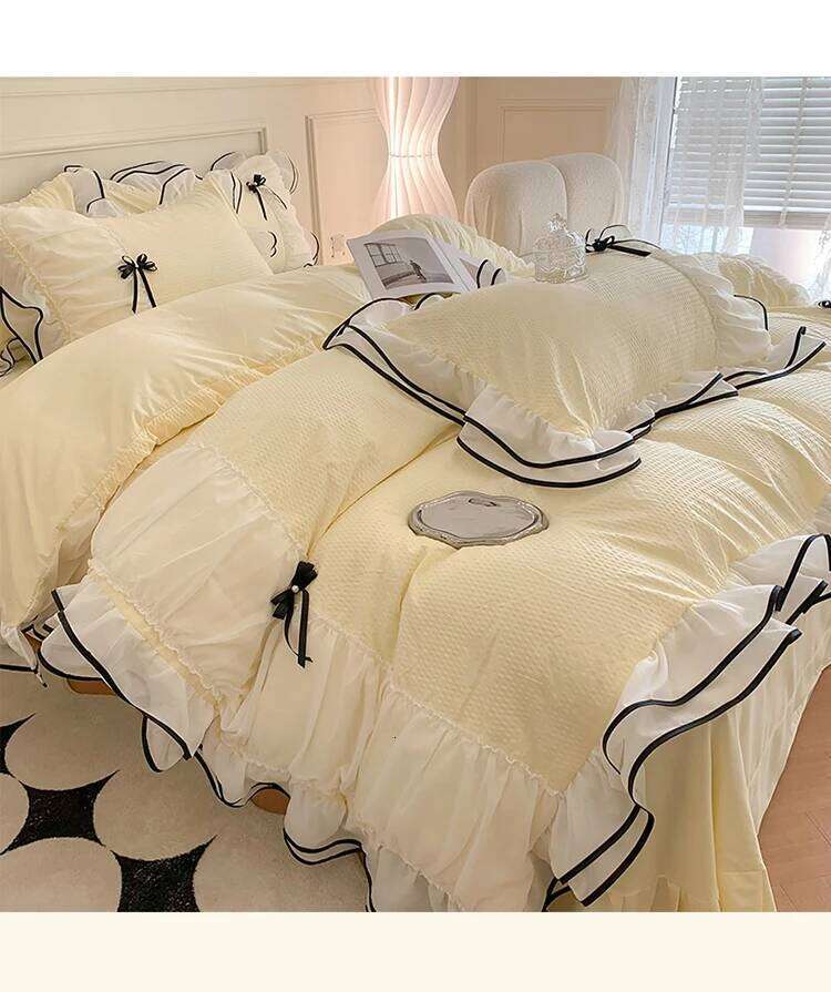 4pcs/set Korean Princess Girls Lace Ruffled Bow Bedding Set Duvet Double Bed Sheets Washed Cotton Twin Queen Quilt Cover Y260124
