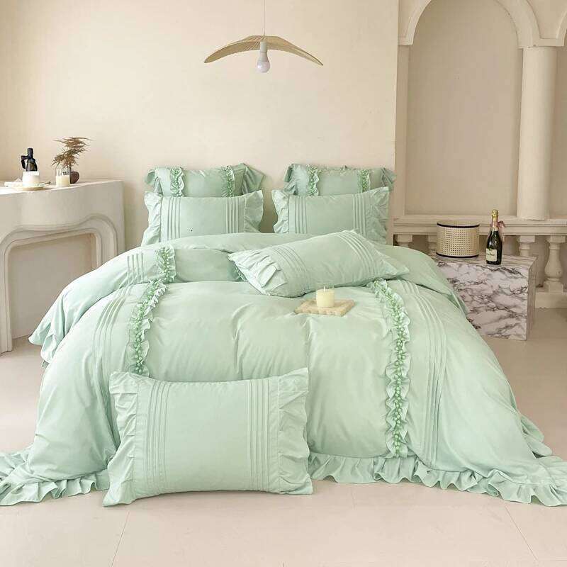 4Pcs Korean Princess Style Cotton 100% Bedding Set Duvet Cover 200x230 220x240 Solid Color Lace Bed Sheet pillowcases Y260124