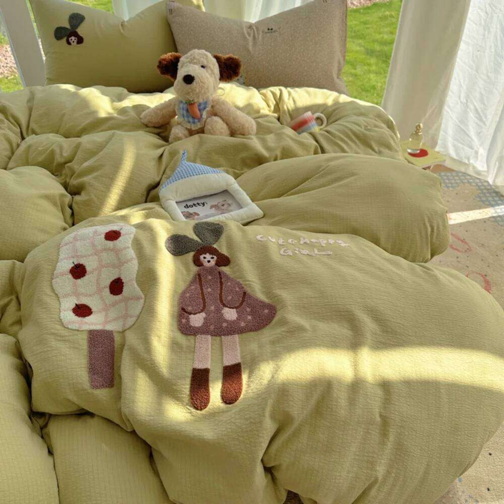 Cartoon Embroidery Printed Four-Piece Comfortable Bedroom Decor Bedding Set Duvet Cover Bed Sheet Pillowcase Home Textiles Y260124