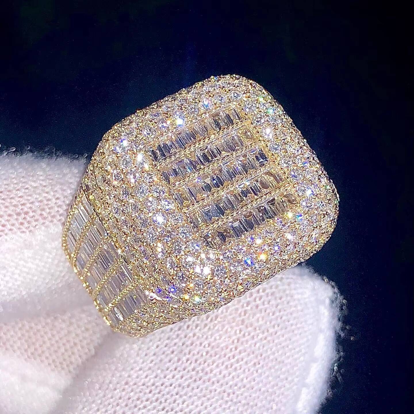 Ravishing New Mens Iced Out Hip Hop Ring in 14 Kt Yellow Gold Round and baguette Cut Lab Grown Diamond with Latest Pattern