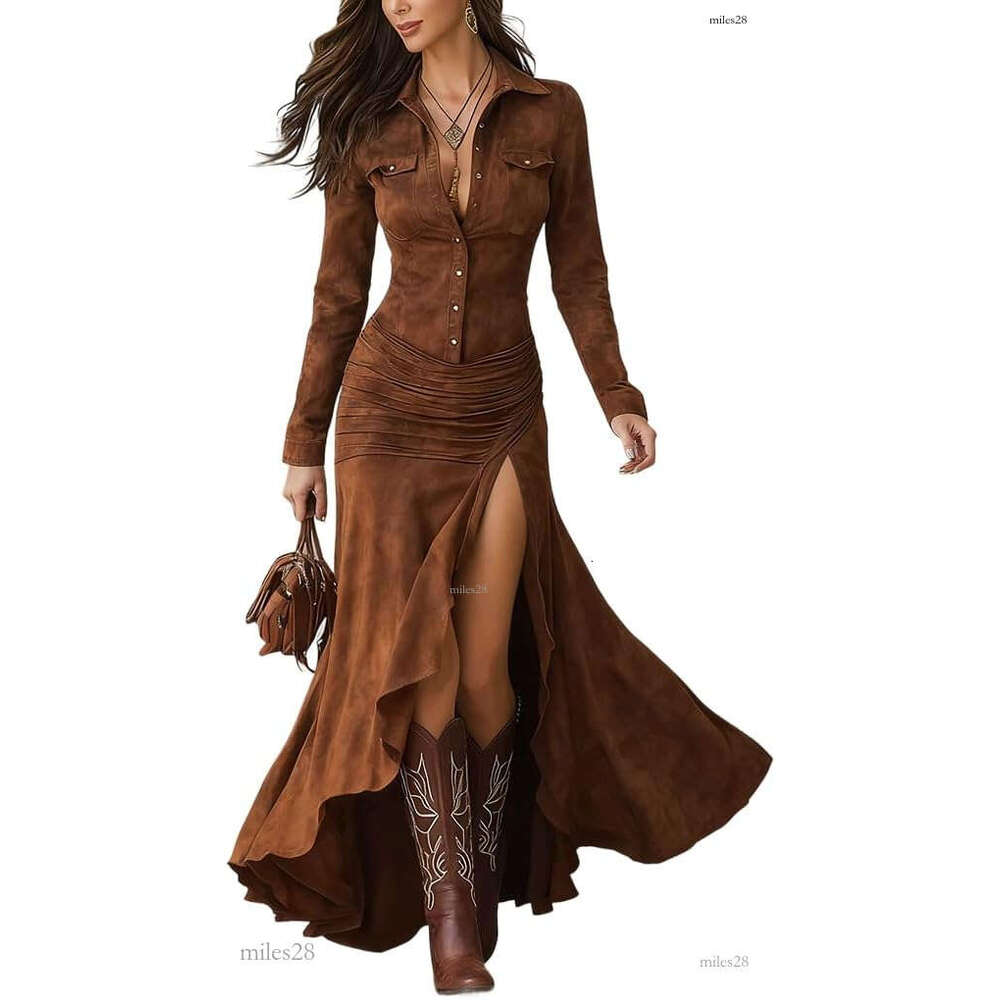 Womens Vintage Western Dresses Button Down V Neck Long Sleeve Maxi Dress Fishtail Hem Boho Suede Dress