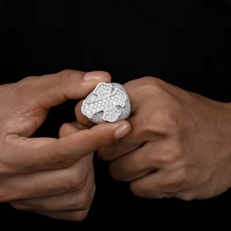 New Arrivals Micro VVS Baguette Moissanite Ring 925 Sterling Silver Hip Hop Rappers Cross Jewelry Bling Cross Ring for Man