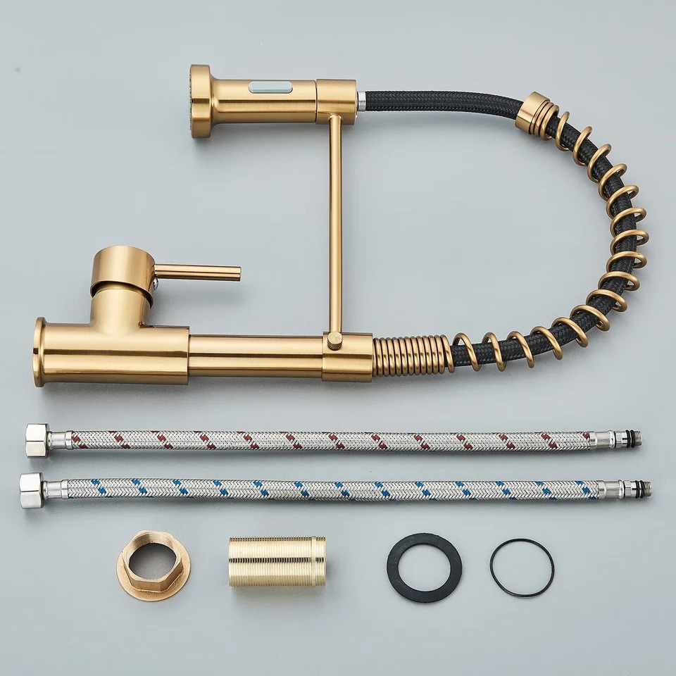 Brushed Gold Kitchen Sink Faucet One Handle Spring and Cold Water Tap Deck Mounted Bathroom Crane 260122