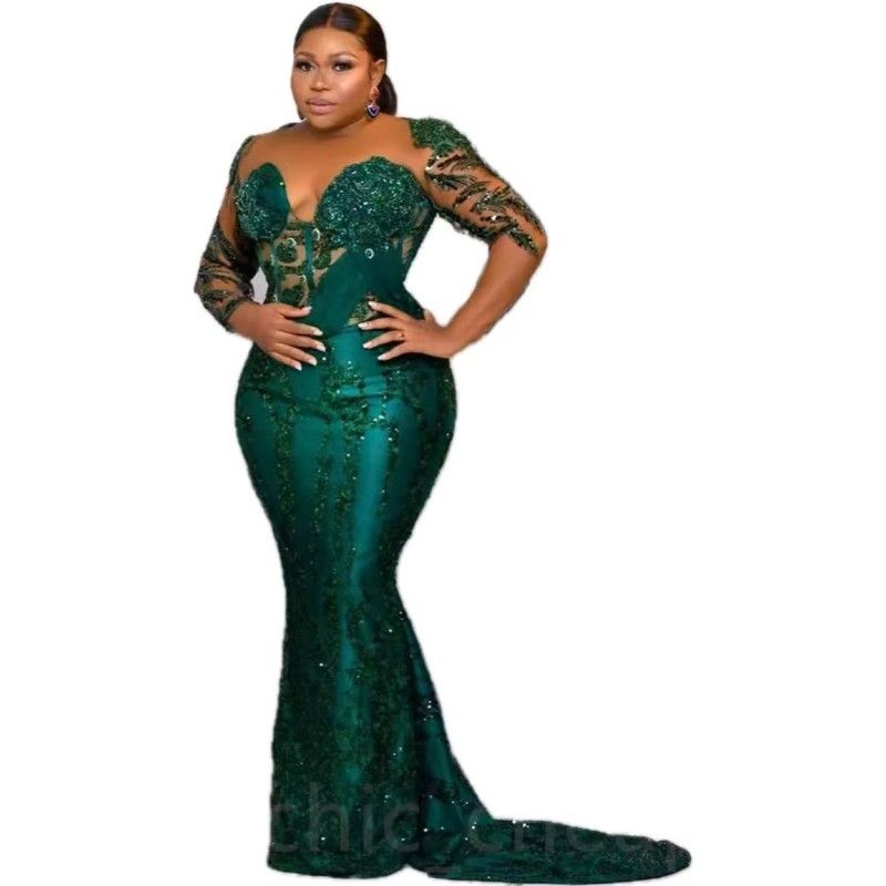Aso Ebi Dark Green Mermaid Prom Dresses With Long Sleeves Shiny Sequins Beaded Formal Evening Gowns Plus Size African Black Women Sexy Second Receptio