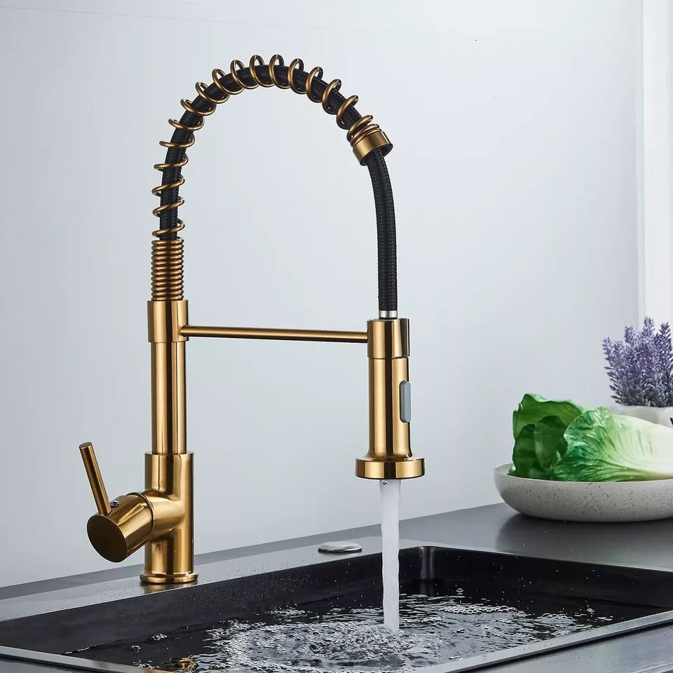 Brushed Gold Kitchen Sink Faucet One Handle Spring and Cold Water Tap Deck Mounted Bathroom Crane 260122