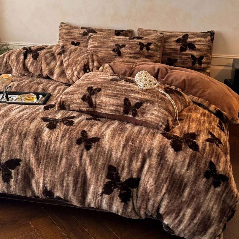 New class A thickened imitation rabbit hair carved milk four-piece winter coffee color warm fleece quilt set Y260124