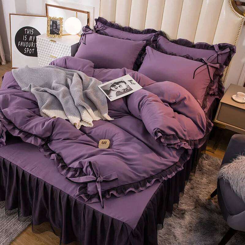 2024 new Korean version washed four-piece set solid color lace bed skirt bedding quilt cover kit Y260124