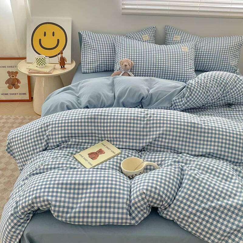 Cover Linen Pure Four-piece Set Simple Checkered Washed Cotton Bed Sheets Duvet Covers Striped Bedding Y260124