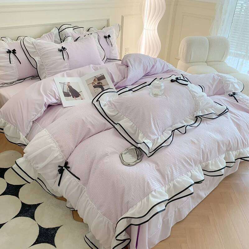 4pcs/set Korean Princess Girls Lace Ruffled Bow Bedding Set Duvet Double Bed Sheets Washed Cotton Twin Queen Quilt Cover Y260124