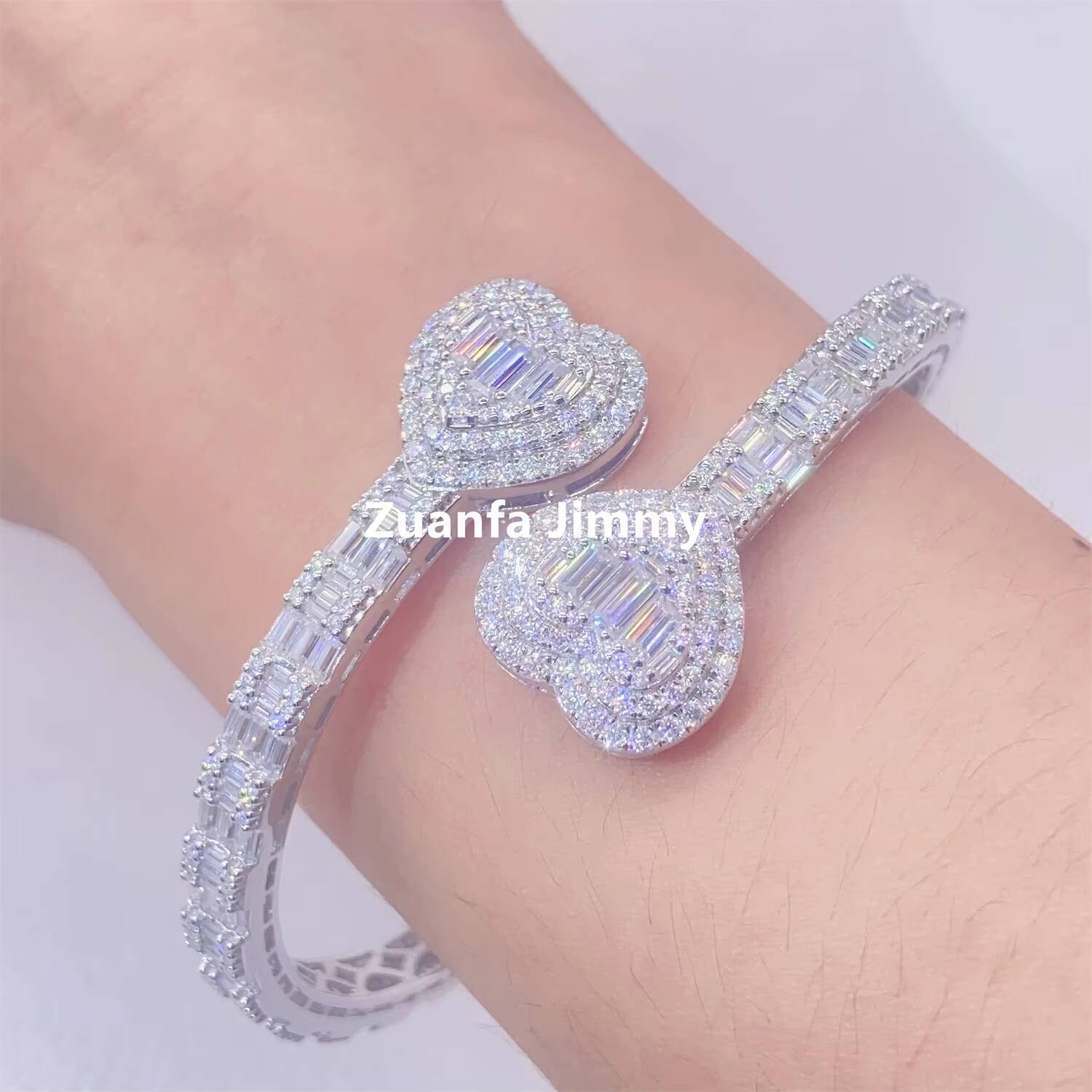Pass Diamond Tester Moissanite Hip Hop Jewelry 925 Sterling Silver White Gold Plated Heart Baguette Moissanite Bangle Bracelet