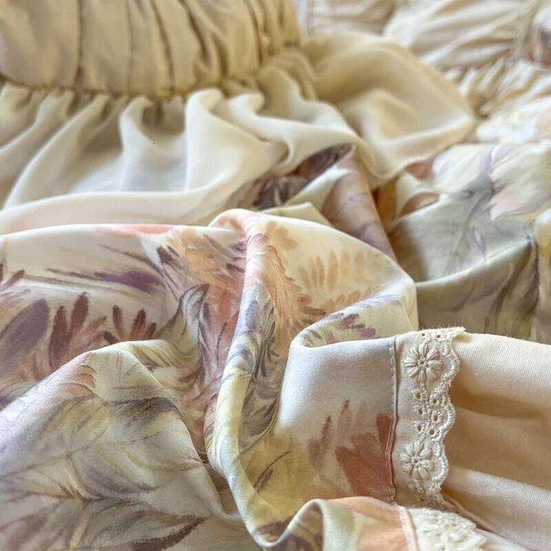 Pleat Ruffles French Vintage Flamingo Tropical Leaves Botanical Print Bedding Set Pure Cotton Duvet Cover Bed Skirt Pillowcases Y260124
