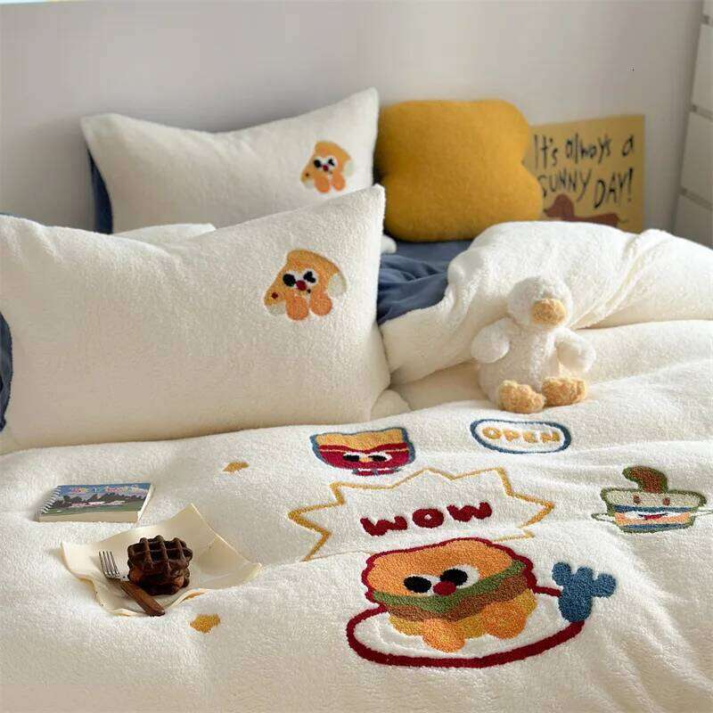 Winter Cartoon Cute Thick Four Piece Set Velvet Bedding Soft Plush Warmth For Duvet Cover Bed Sheet Bedroom Y260124