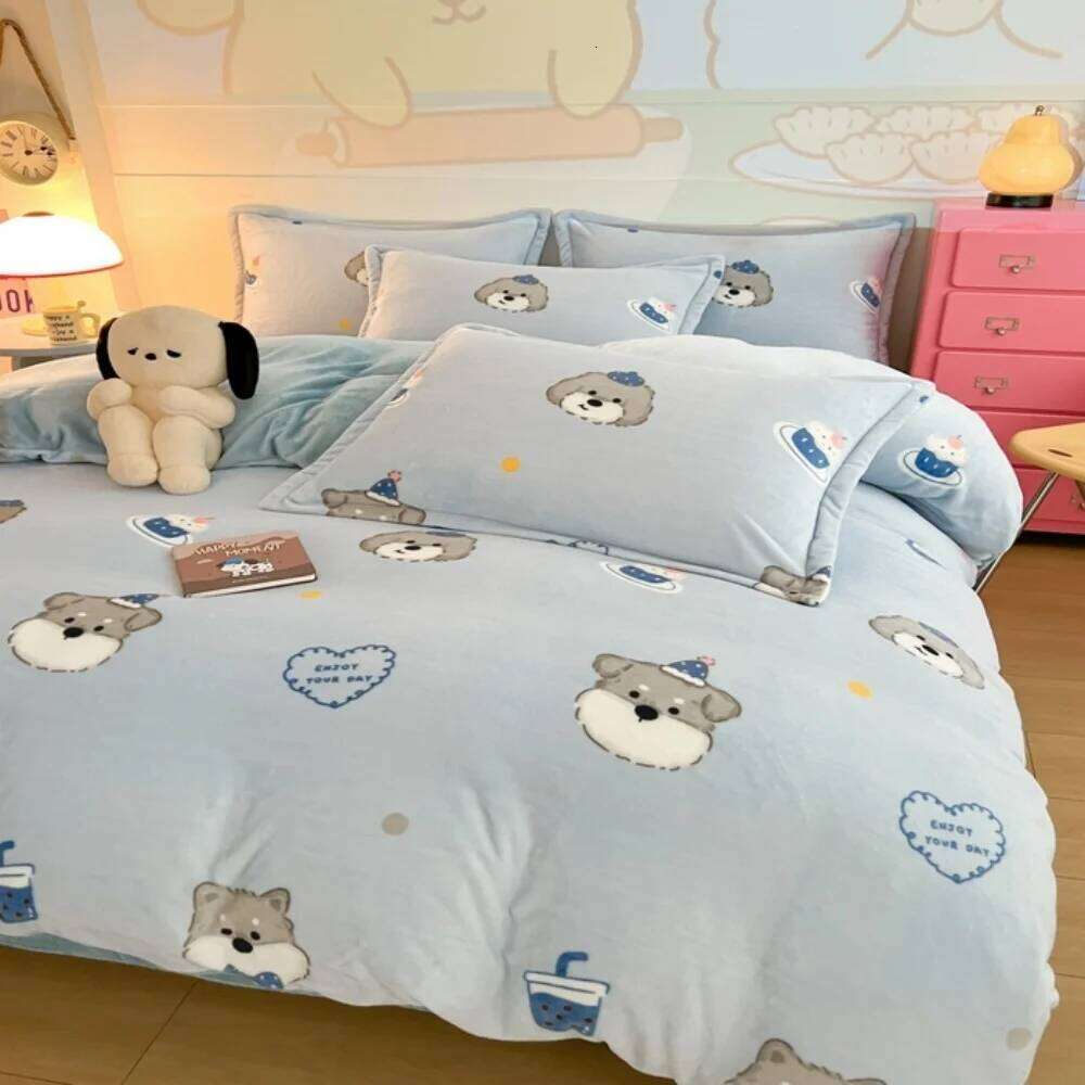 Cartoon Printed Bedding Thickened Winter Warm Soft Milk Velvet Four-Piece Set Bedroom Decor Quilt Cover Bed Sheet Pillowcase Y260124