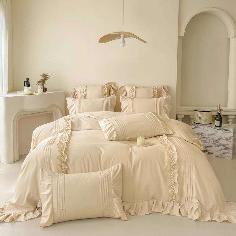 4Pcs Korean Princess Style Cotton 100% Bedding Set Duvet Cover 200x230 220x240 Solid Color Lace Bed Sheet pillowcases Y260124