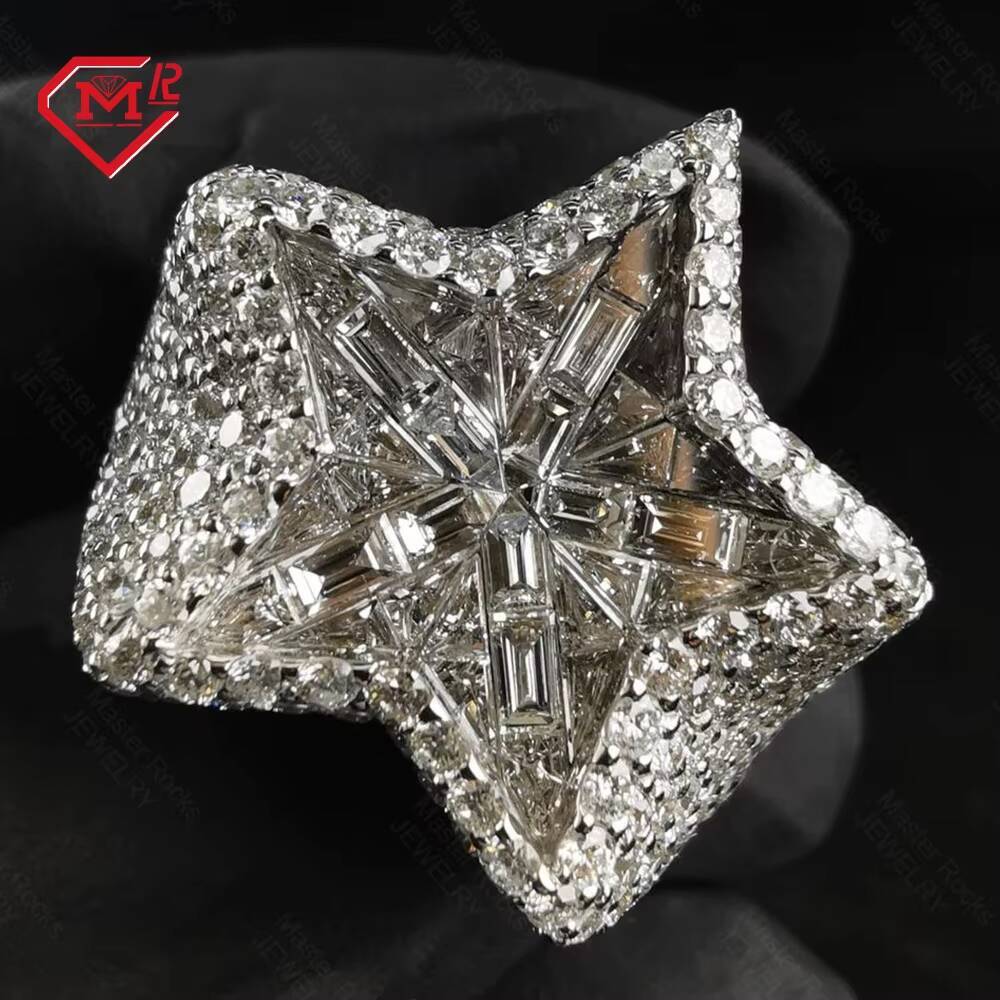 Special Design Moissanite Ring Fully Iced Out Star Shape Baguette Hip Hop 925 Sterling Silver Moissanite Ring