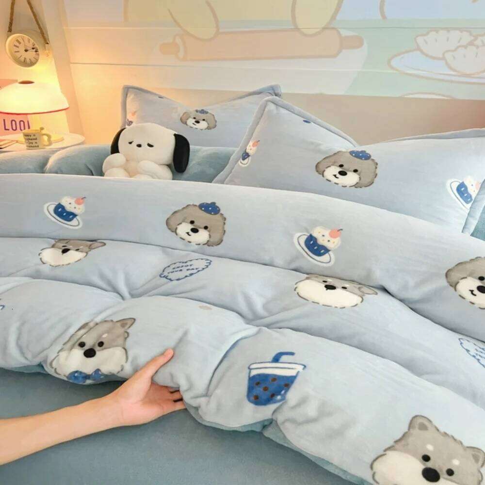 Cartoon Printed Bedding Thickened Winter Warm Soft Milk Velvet Four-Piece Set Bedroom Decor Quilt Cover Bed Sheet Pillowcase Y260124