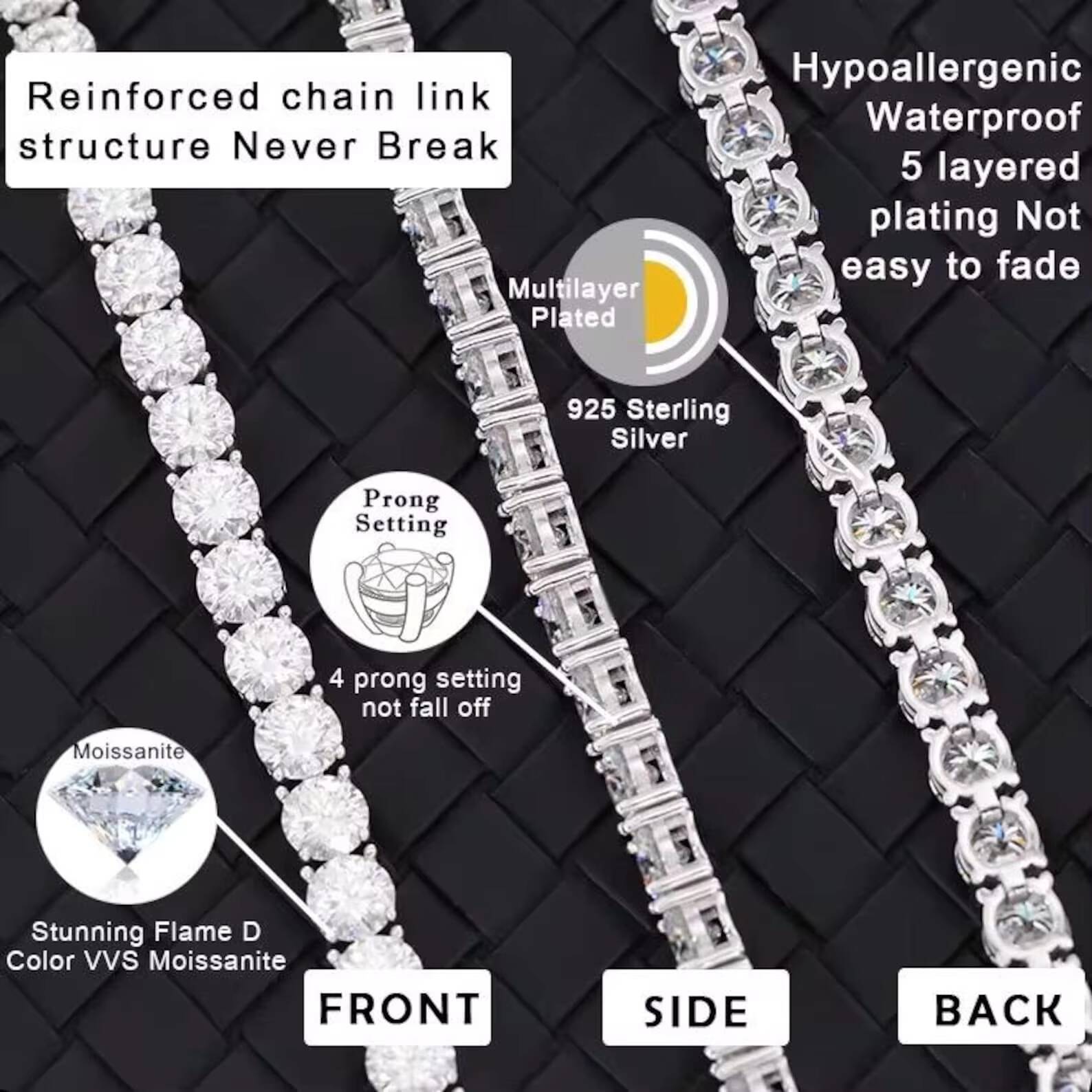 Elisa Ready to Ship 3mm 4mm 5mm Moissanite Chain Real D Grade VVS 925 Silver Moissanite Tennis Chain