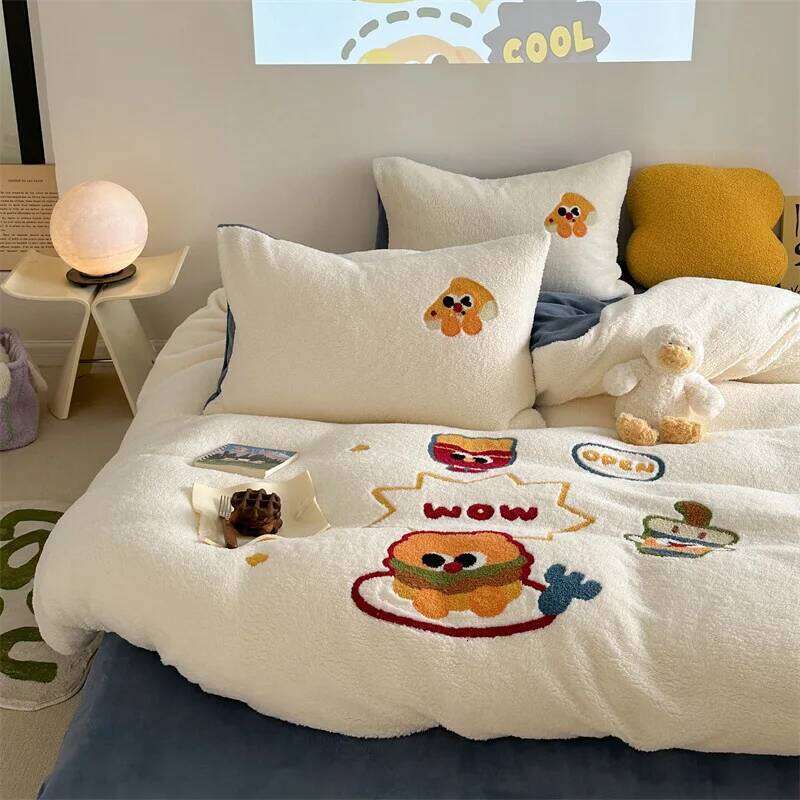 Winter Cartoon Cute Thick Four Piece Set Velvet Bedding Soft Plush Warmth For Duvet Cover Bed Sheet Bedroom Y260124