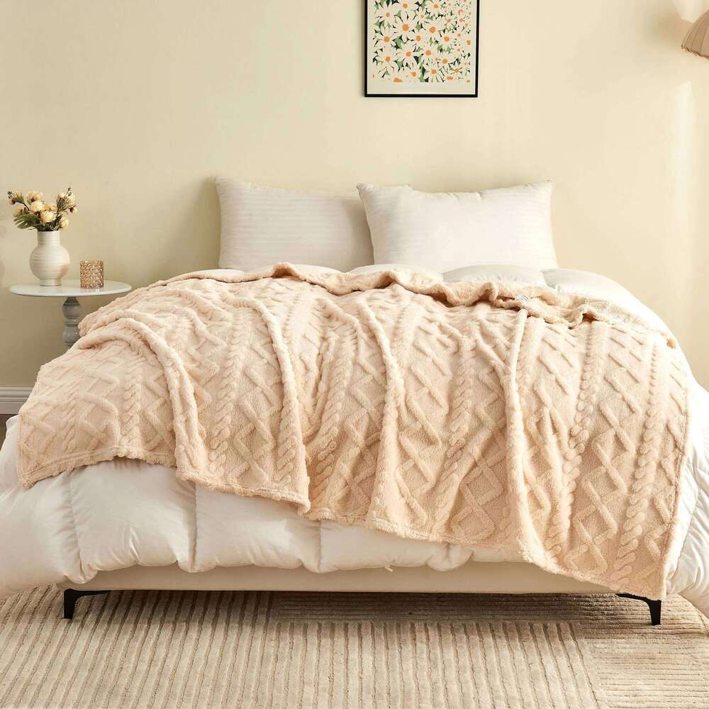 1pc Luxurious Fleece Blanket - Ultra-Soft 3D Plush Dense Weave, All-Season Cozy Flannel Throw in Beige, Green, Blue, Pink, Grey H260124