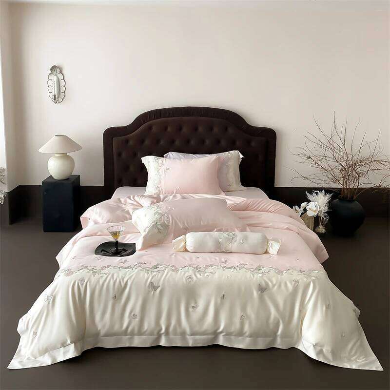 Lily of the valley Butterfly Embroidery Bedding Set 1000TC Egyptian Cotton Duvet Cover Flat/Fitted Bed Sheet Pillowcases 4Pcs Y260124