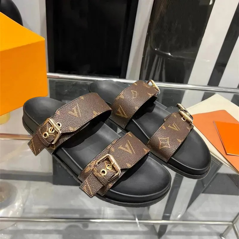 Bom Dia Genuine Leather sandal Slipper Casual Shoe summer beach gladiator Mules hasp Woman top quality Flat Slide Designer Sliders sandale