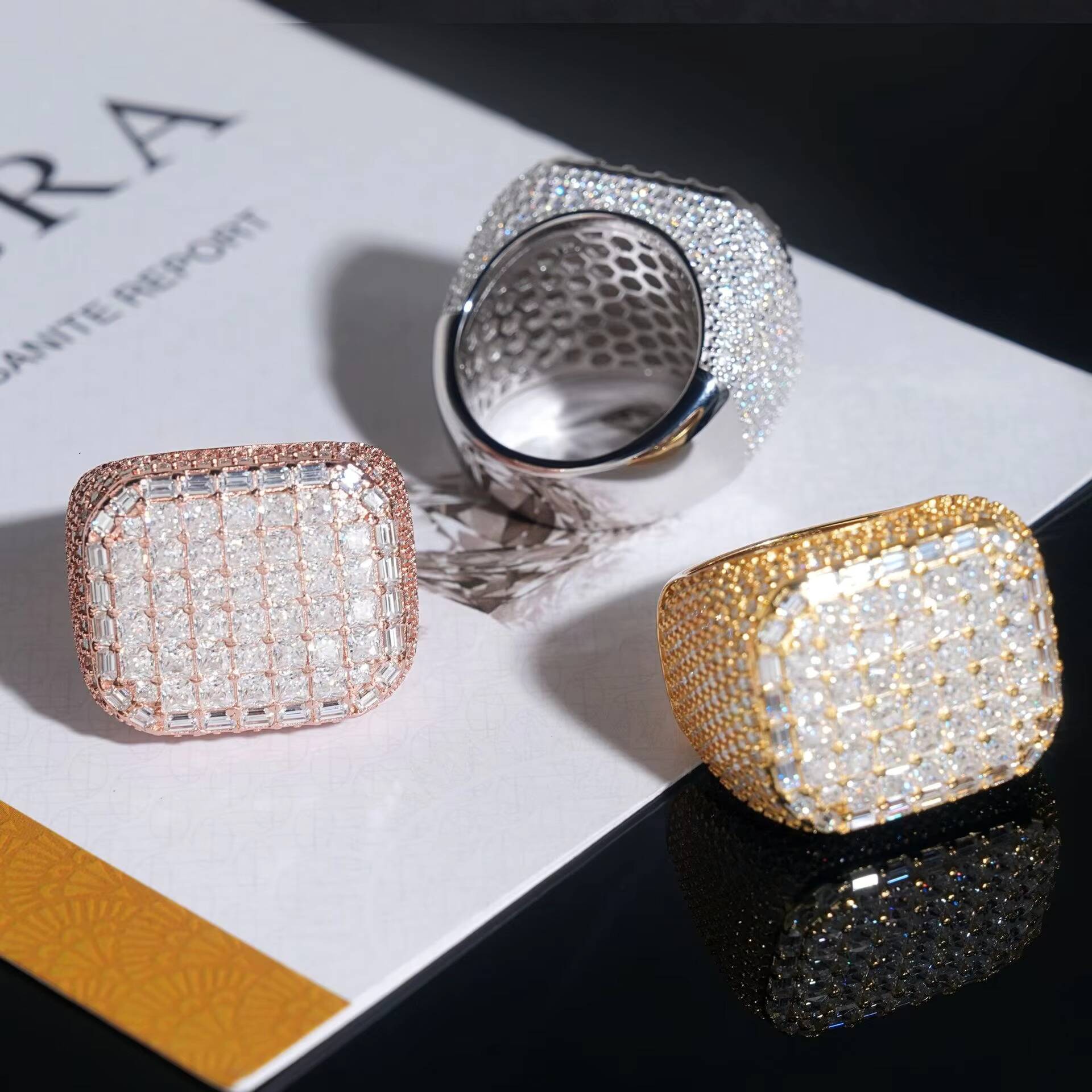 Hot Selling Hip Hop Gold Plated 925 Sterling Silver Fire Jewelry VVS Baguette Iced Out Bling Moissanite Ring for Men