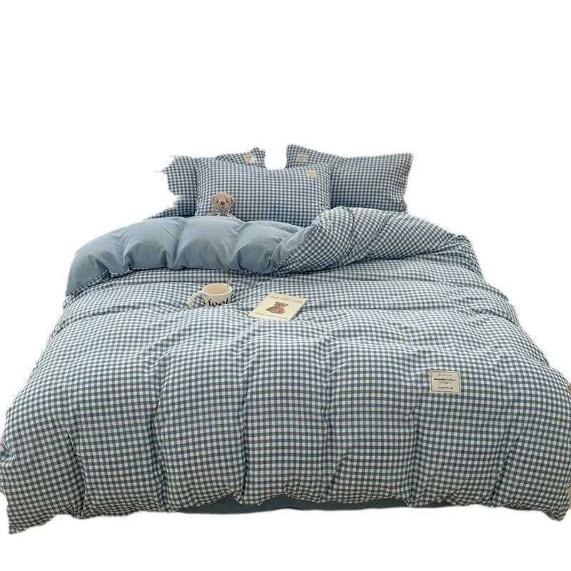Cover Linen Pure Four-piece Set Simple Checkered Washed Cotton Bed Sheets Duvet Covers Striped Bedding Y260124