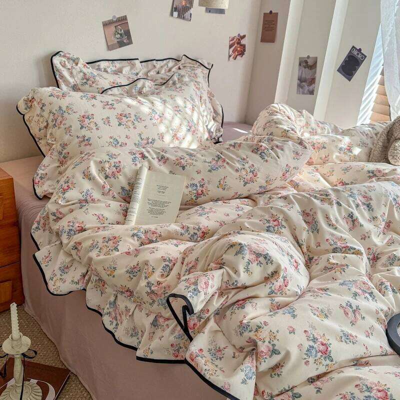 Korean Style Floral Ruffles Knitted Yarn Bedding Set Double King Queen Size Duvet Cover Flat/Fitted Bed Sheet Pillowcases Y260124