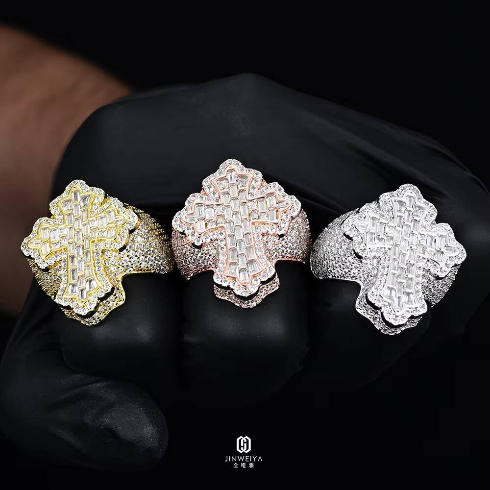 Luxury Heavy Ring Hiphop Rapper Pass Diamond Test 18k Gold Plated Brass VVS Baguette Moissanite Iced Out Cross Ring