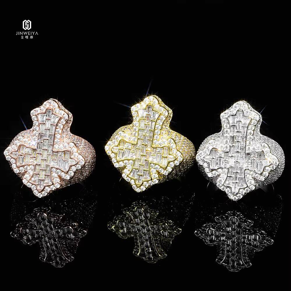 Luxury Heavy Ring Hiphop Rapper Pass Diamond Test 18k Gold Plated Brass VVS Baguette Moissanite Iced Out Cross Ring