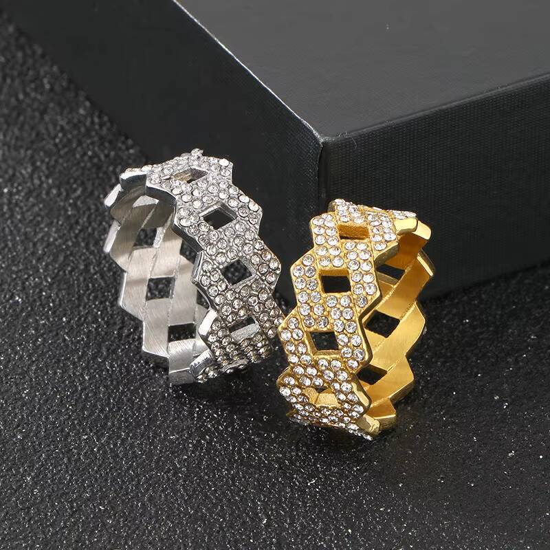 Fashionable 10mm Hip Hop Zircon Stainless Cuban Link Chain Ring Micro Inlaid Cz Jewelry Striking Moissanite Gemstone Steel Ring
