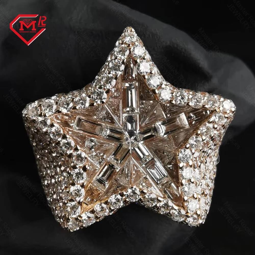 Special Design Moissanite Ring Fully Iced Out Star Shape Baguette Hip Hop 925 Sterling Silver Moissanite Ring