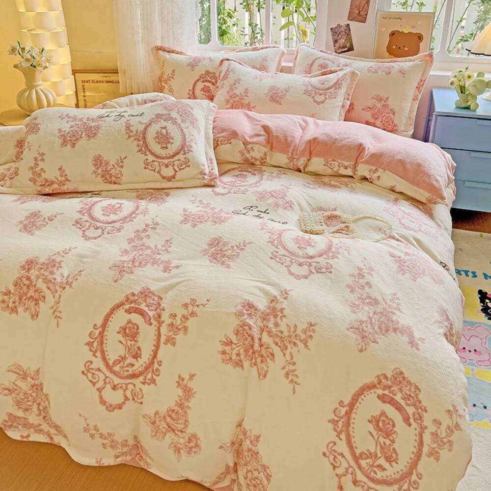 Printing Thicken Milk Velvet Bedding Set Winter Warm Quilt Cover Pillowcase Bed Linen Home Anti-static Soft Four Piece Sets Y260124