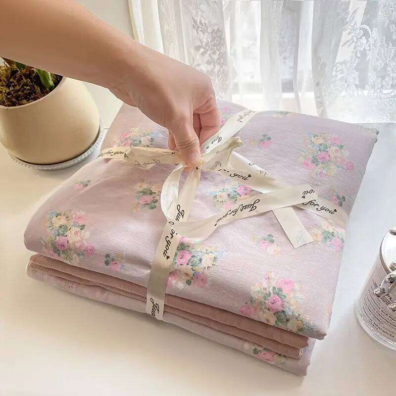 Ins Korean Girl Heart Knitted Double layer Yarn Soft Water Washed Quilt Four Piece Bed Sheet Dormitory 3-Piece Set Y260124