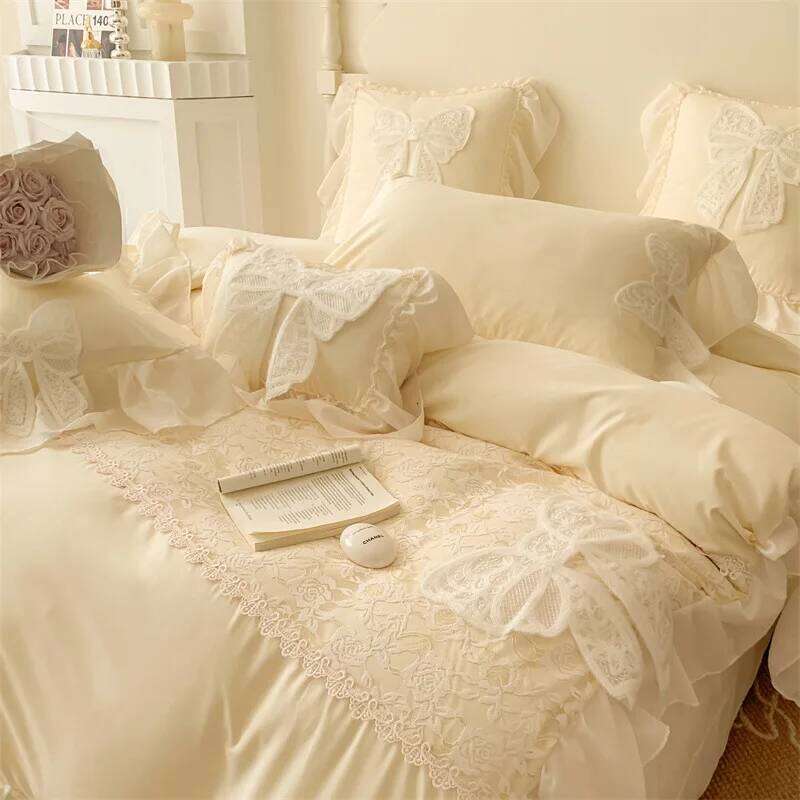 Three-dimensional Embroidery Aesthetic Lace Washed Cotton Quilt Cover Chiffon Soft /Breathable Bed Sheet Bedding Four Piece Set Y260124