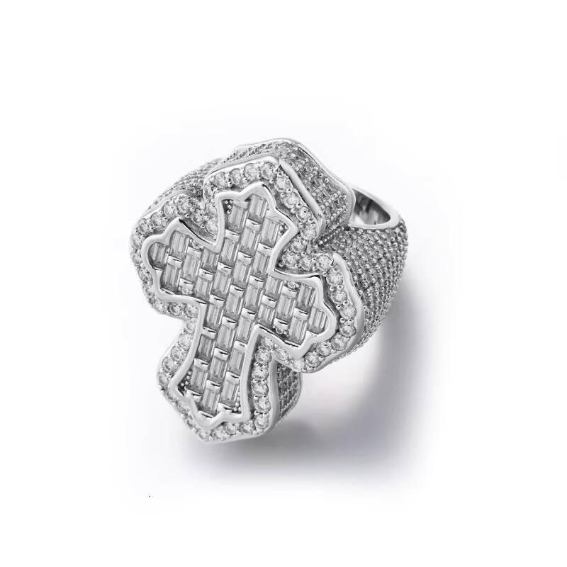 De Hiphop Iced Out Men Fine Jewelry Gold Rhodium Plated 925 Sterling Silver VVS Moissanite Baguette Diamond Cross Ring