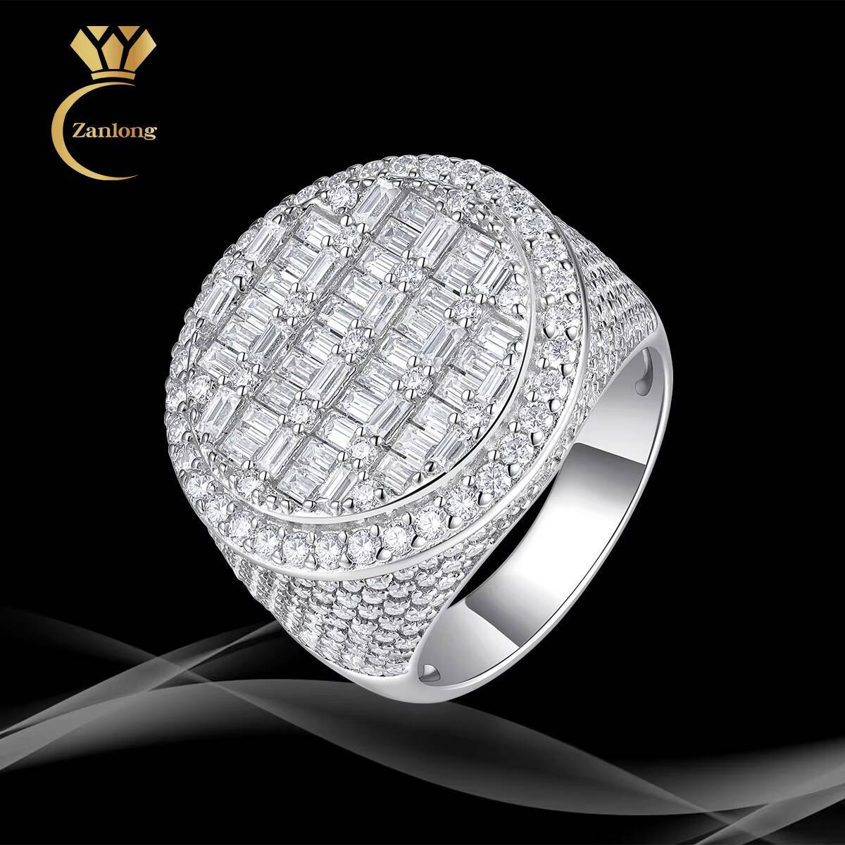 Wholesale Custom Full Ice Out Baguette Moissanite Ring S925 Sterling Silver 18K Gold Plated Mens Hip Hop Rapper Jewelry