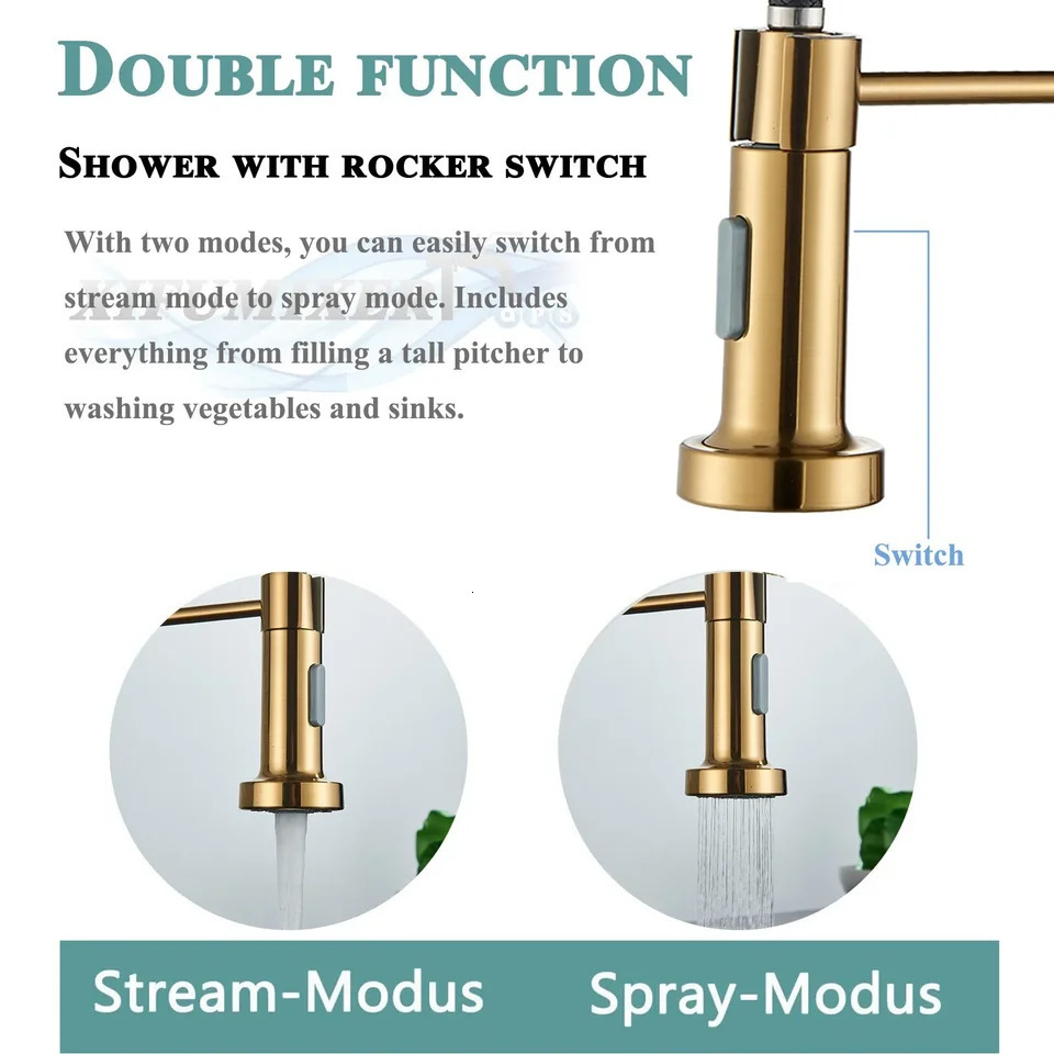 Brushed Gold Kitchen Sink Faucet One Handle Spring and Cold Water Tap Deck Mounted Bathroom Crane 260122
