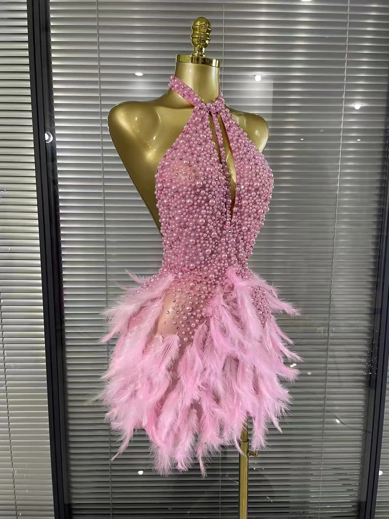 Sparkly Rhinestones Pearls Halter Backless Mini Feathers Skirt Women Sexy Mesh Transparent Performance Dance Costume Stage Wear 260121 - view 6
