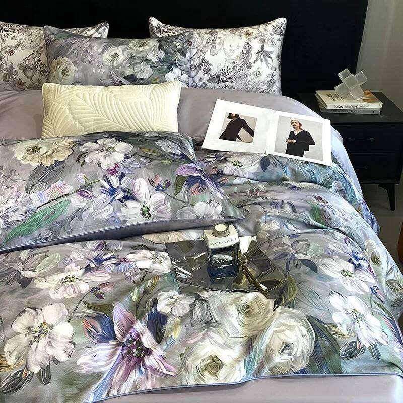 Gray Purple Floral Print 4Pcs 600TC Egyptian Cotton Bedding Comforter Quilt Cover Zip Closure Duvet cover Bed Sheet Pillowcases Y260124