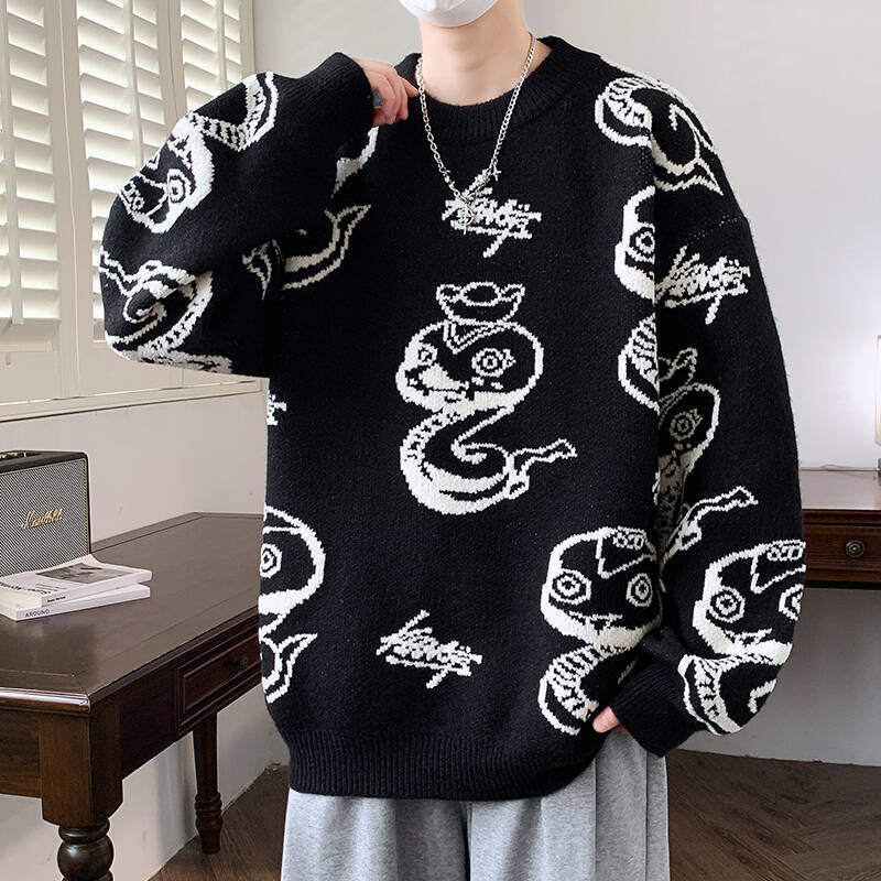 Men's Warm Coat Designer Winter Casual Trendy Knit Sweater Men's Outdoor Basic Knit Shirt Chinese Zodiac Snake New Style Teenage Cartoon Kni