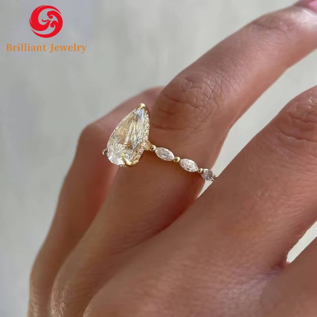 Solid 14K 18K Gold Mossanite Engagement Wedding Ring 7x9mm 3CT VVS1 Pear Moissanite Factory Price