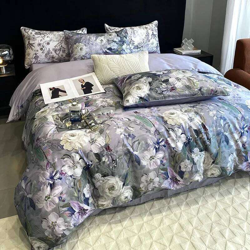 Gray Purple Floral Print 4Pcs 600TC Egyptian Cotton Bedding Comforter Quilt Cover Zip Closure Duvet cover Bed Sheet Pillowcases Y260124