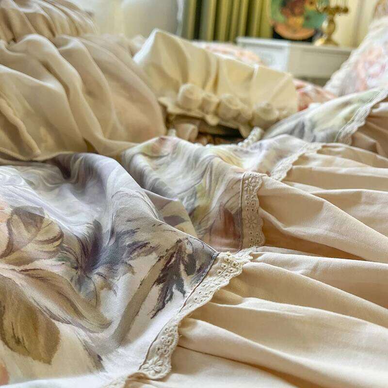 Pleat Ruffles French Vintage Flamingo Tropical Leaves Botanical Print Bedding Set Pure Cotton Duvet Cover Bed Skirt Pillowcases Y260124