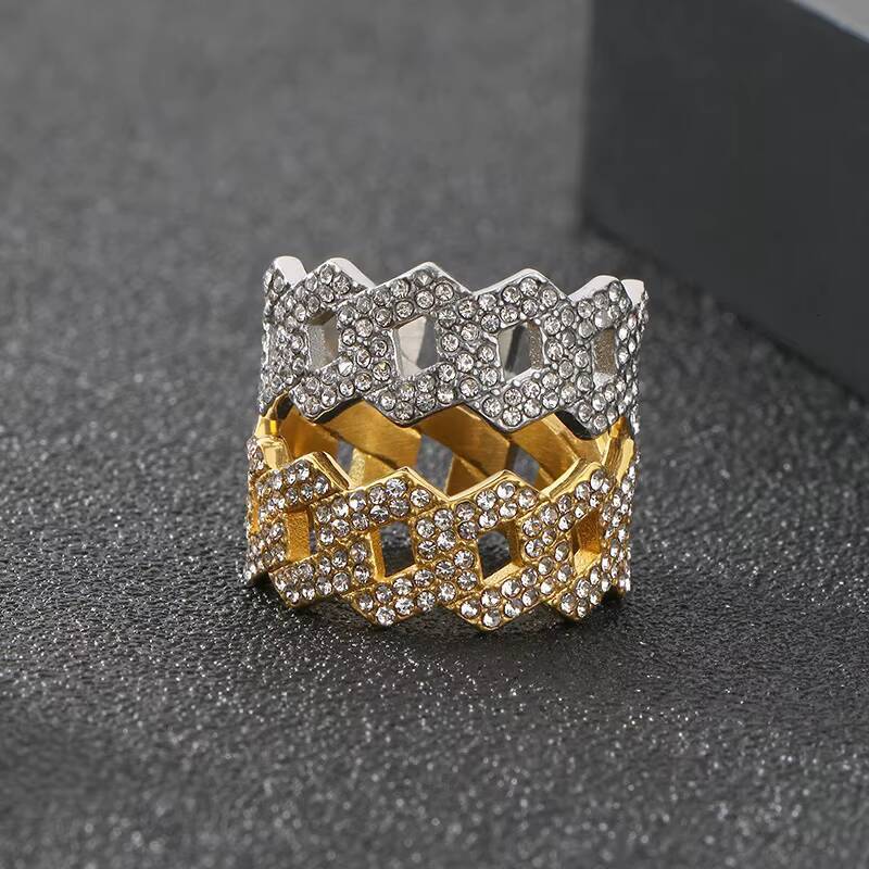 Fashionable 10mm Hip Hop Zircon Stainless Cuban Link Chain Ring Micro Inlaid Cz Jewelry Striking Moissanite Gemstone Steel Ring