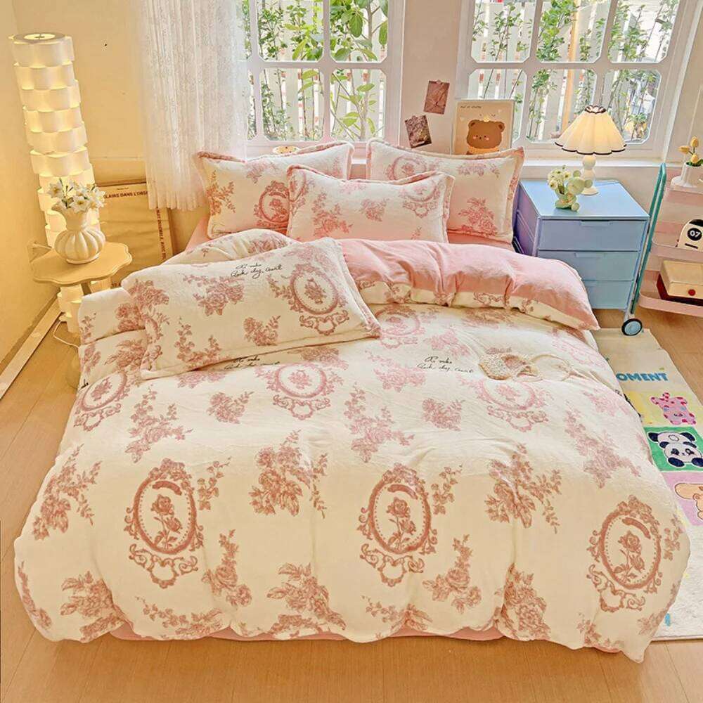 Printing Thicken Milk Velvet Bedding Set Winter Warm Quilt Cover Pillowcase Bed Linen Home Anti-static Soft Four Piece Sets Y260124